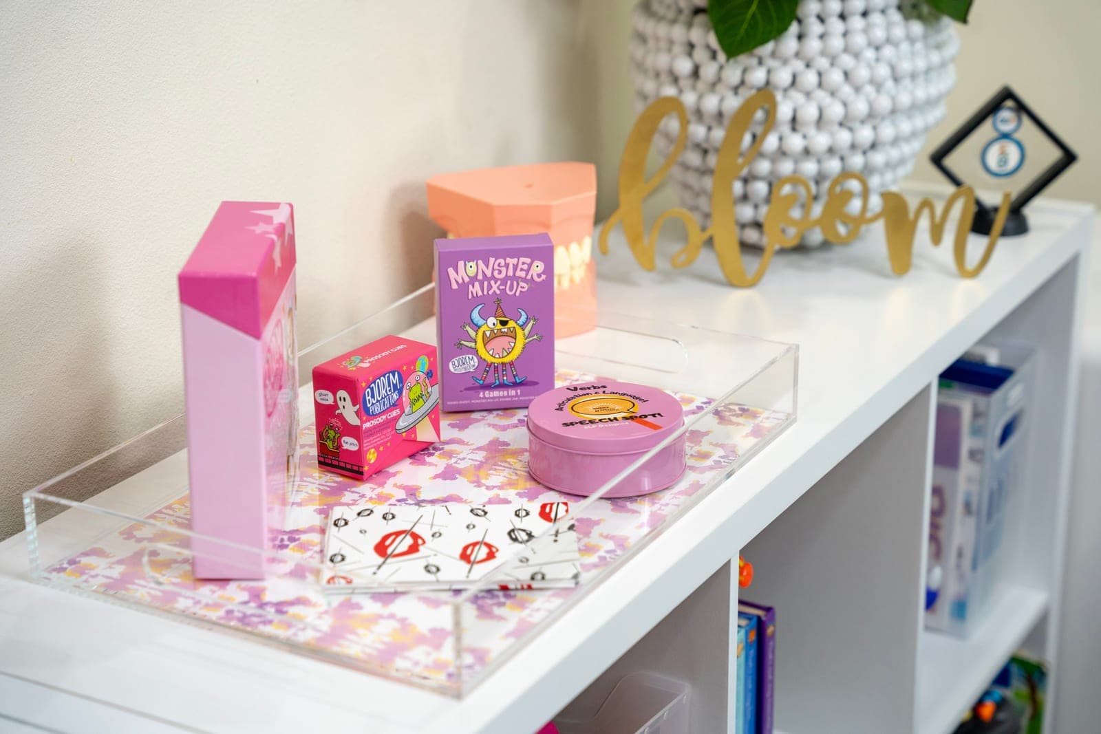 The Bloom therapy room — organized materials and a calm child-friendly setup